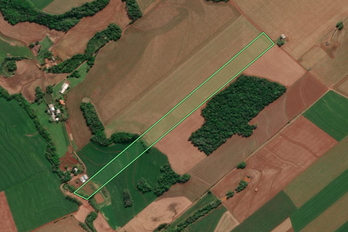 Imagem de satélite do imóvel rural em Novo Machado (RS), com o contorno declarado no CAR desenhado por cima.