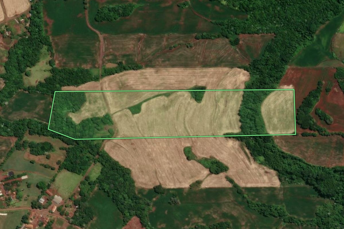 Imagem de satélite do imóvel rural em Novo Machado (RS), com o contorno declarado no CAR desenhado por cima.
