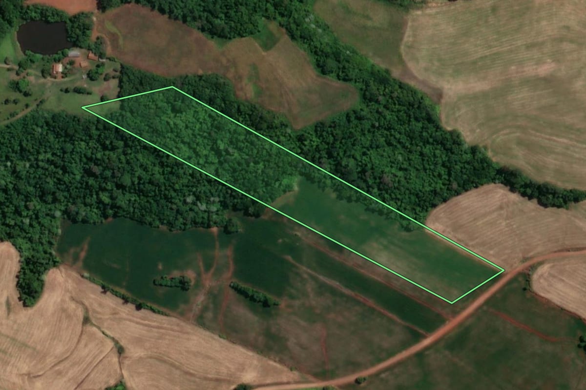 Imagem de satélite do imóvel rural em Novo Machado (RS), com o contorno declarado no CAR desenhado por cima.