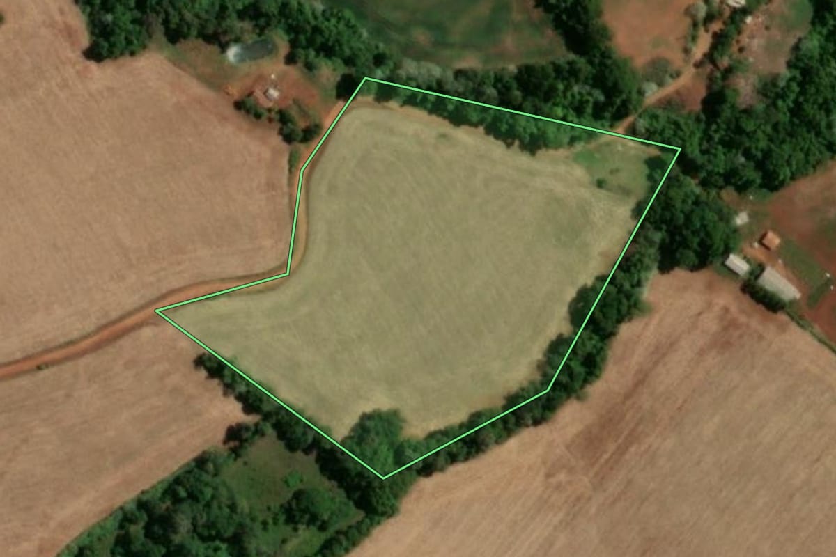 Imagem de satélite do imóvel rural em Novo Machado (RS), com o contorno declarado no CAR desenhado por cima.