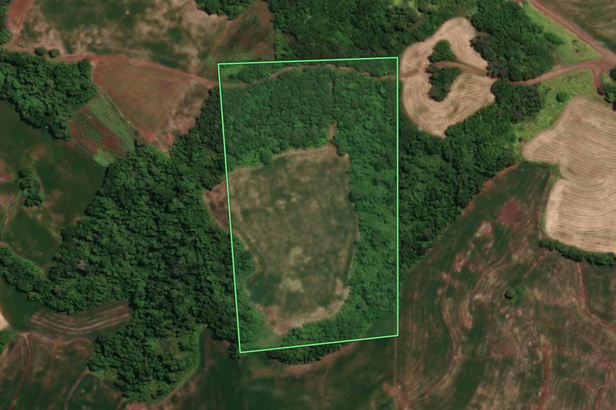 Imagem de satélite do imóvel rural em Novo Machado (RS), com o contorno declarado no CAR desenhado por cima.