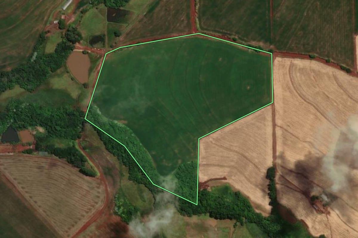 Imagem de satélite do imóvel rural em Novo Machado (RS), com o contorno declarado no CAR desenhado por cima.