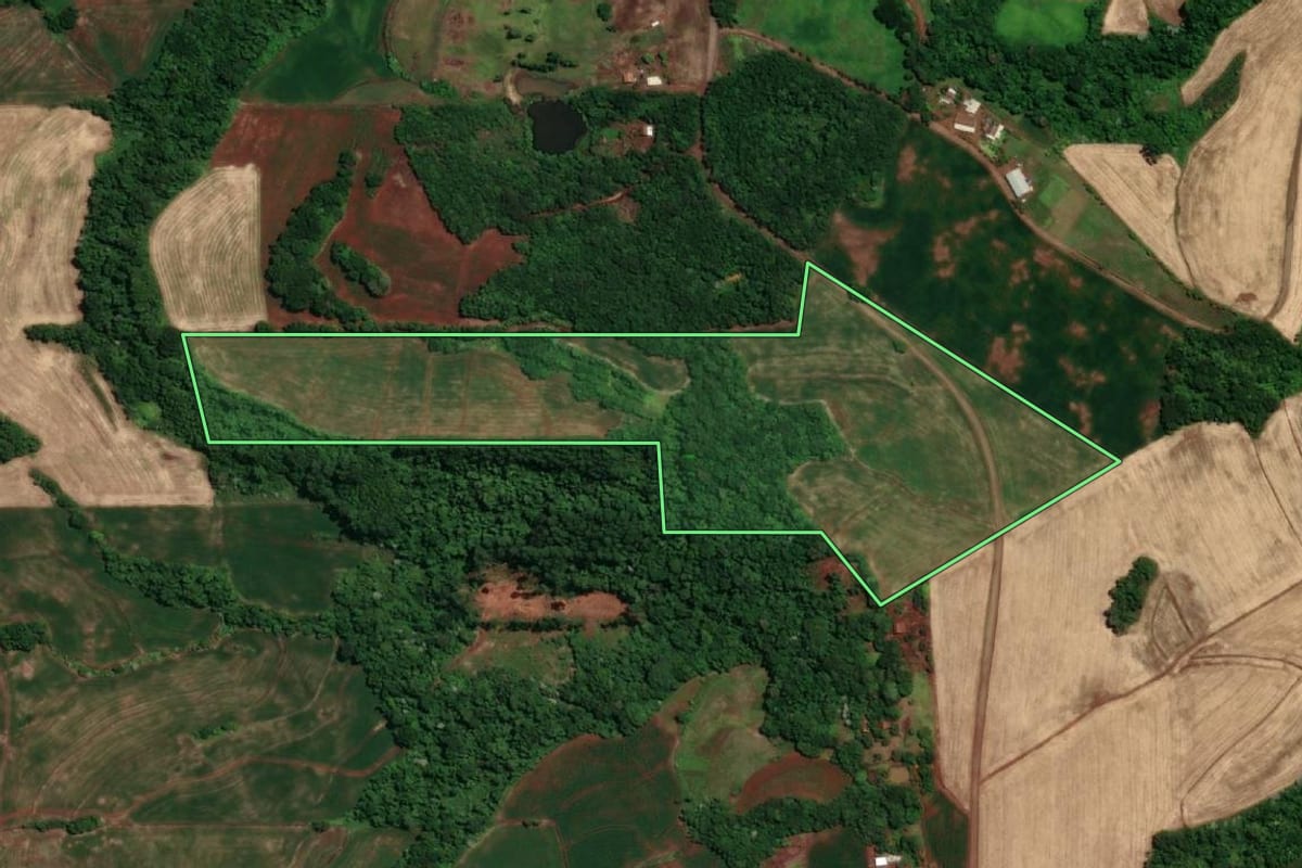 Imagem de satélite do imóvel rural em Novo Machado (RS), com o contorno declarado no CAR desenhado por cima.