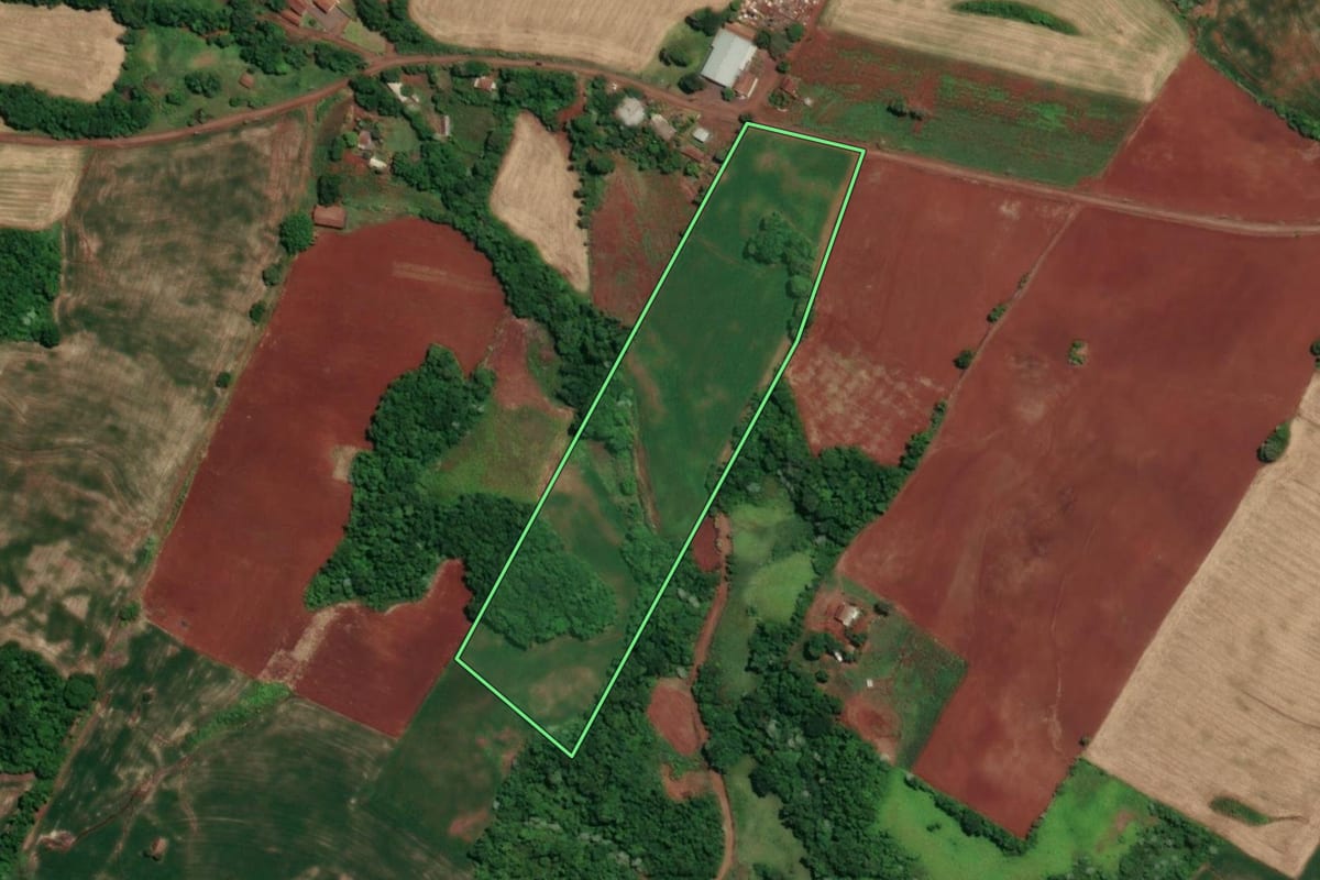Imagem de satélite do imóvel rural em Novo Machado (RS), com o contorno declarado no CAR desenhado por cima.