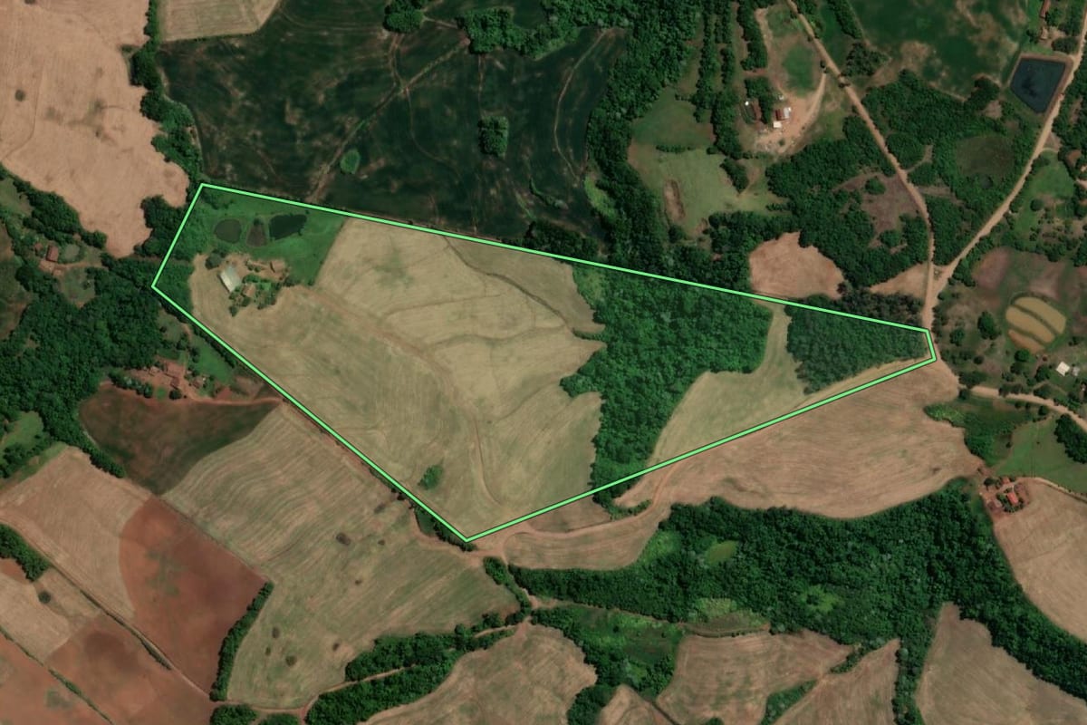 Imagem de satélite do imóvel rural em Novo Machado (RS), com o contorno declarado no CAR desenhado por cima.