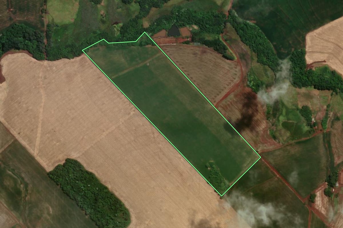 Imagem de satélite do imóvel rural em Novo Machado (RS), com o contorno declarado no CAR desenhado por cima.