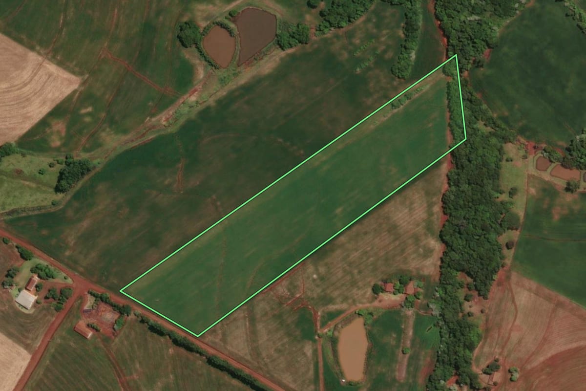 Imagem de satélite do imóvel rural em Novo Machado (RS), com o contorno declarado no CAR desenhado por cima.