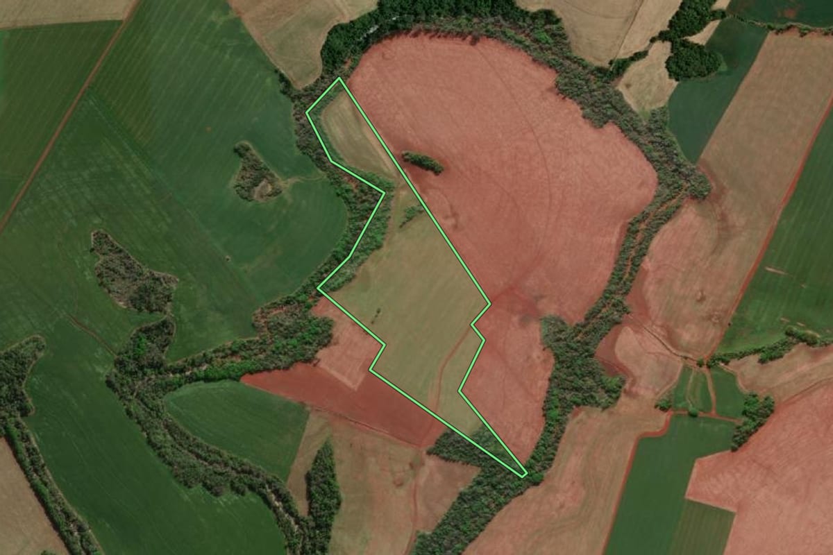 Imagem de satélite do imóvel rural em Novo Machado (RS), com o contorno declarado no CAR desenhado por cima.
