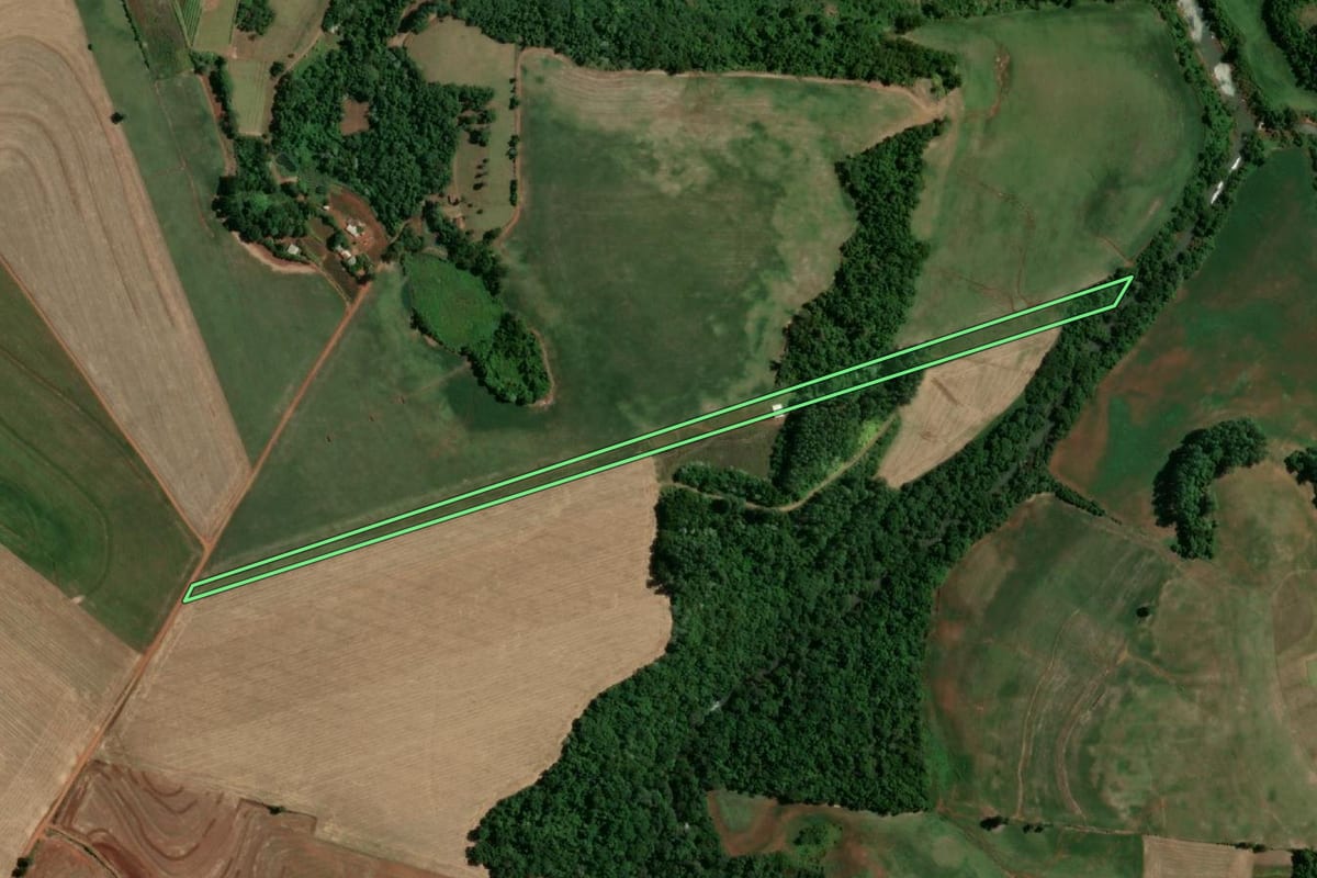 Imagem de satélite do imóvel rural em Novo Machado (RS), com o contorno declarado no CAR desenhado por cima.