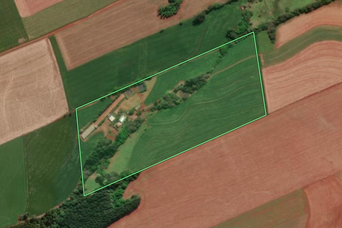 Imagem de satélite do imóvel rural em Novo Machado (RS), com o contorno declarado no CAR desenhado por cima.