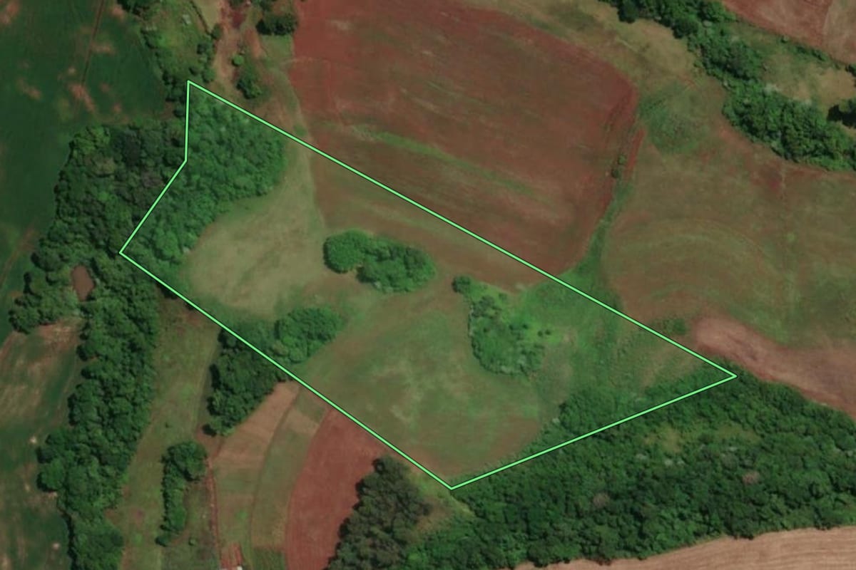 Imagem de satélite do imóvel rural em Novo Machado (RS), com o contorno declarado no CAR desenhado por cima.