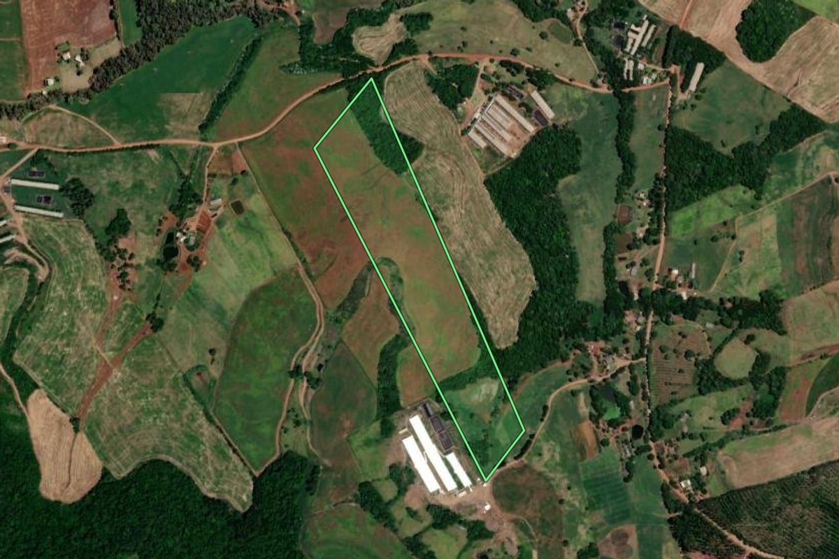 Imagem de satélite do imóvel rural em Novo Tiradentes (RS), com o contorno declarado no CAR desenhado por cima.