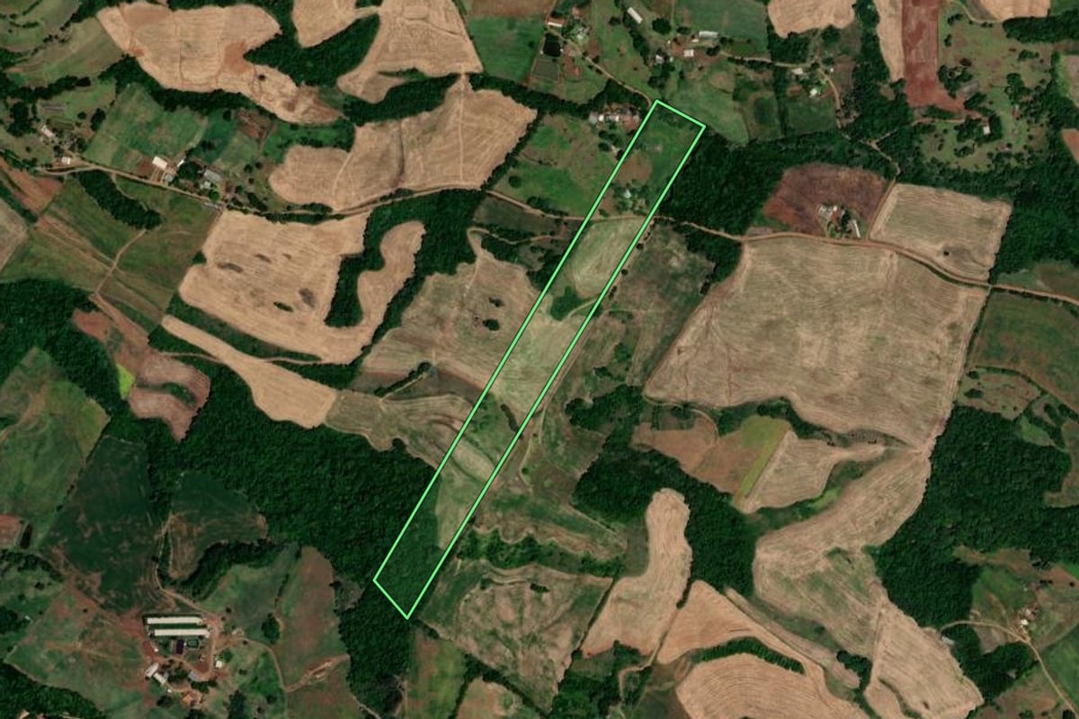 Imagem de satélite do imóvel rural em Novo Tiradentes (RS), com o contorno declarado no CAR desenhado por cima.