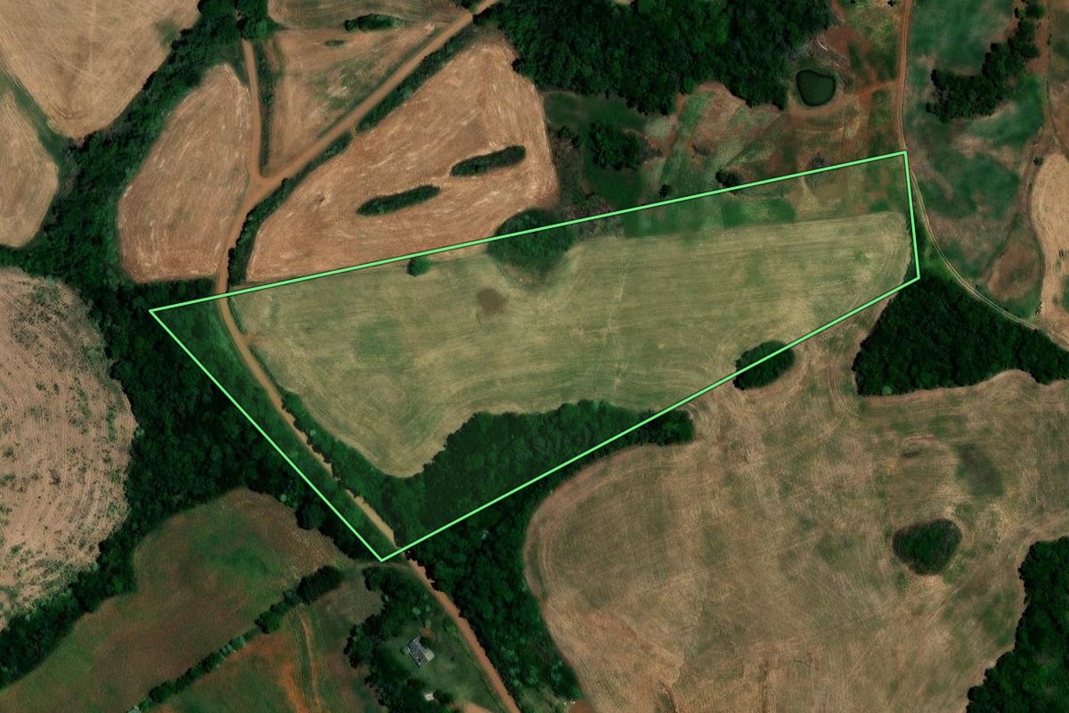 Imagem de satélite do imóvel rural em Novo Tiradentes (RS), com o contorno declarado no CAR desenhado por cima.