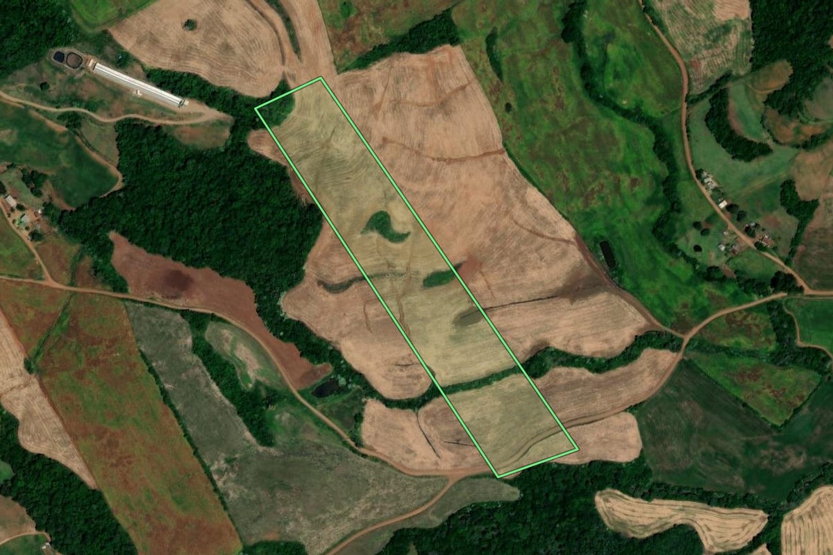 Imagem de satélite do imóvel rural em Novo Tiradentes (RS), com o contorno declarado no CAR desenhado por cima.