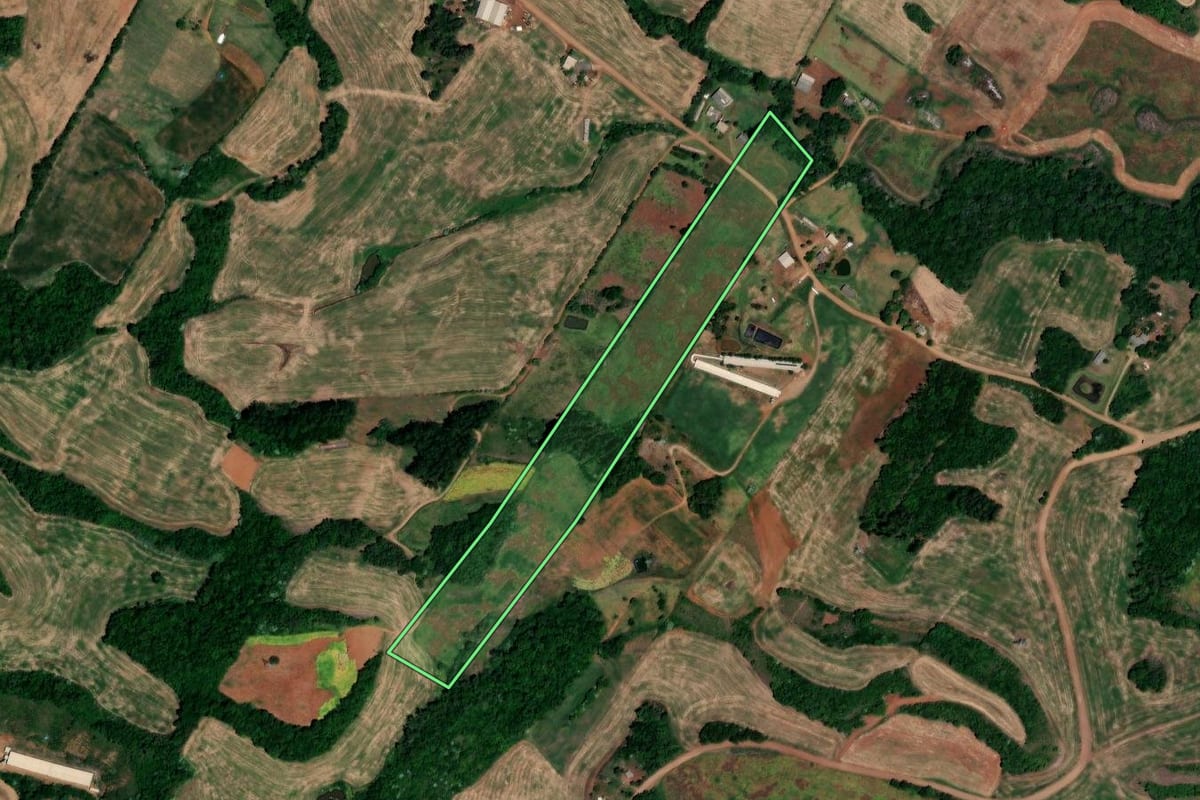 Imagem de satélite do imóvel rural em Novo Tiradentes (RS), com o contorno declarado no CAR desenhado por cima.