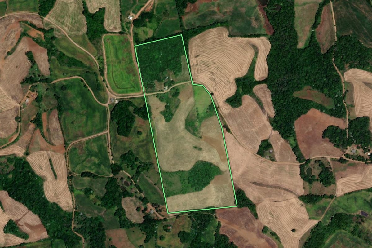 Imagem de satélite do imóvel rural em Novo Tiradentes (RS), com o contorno declarado no CAR desenhado por cima.