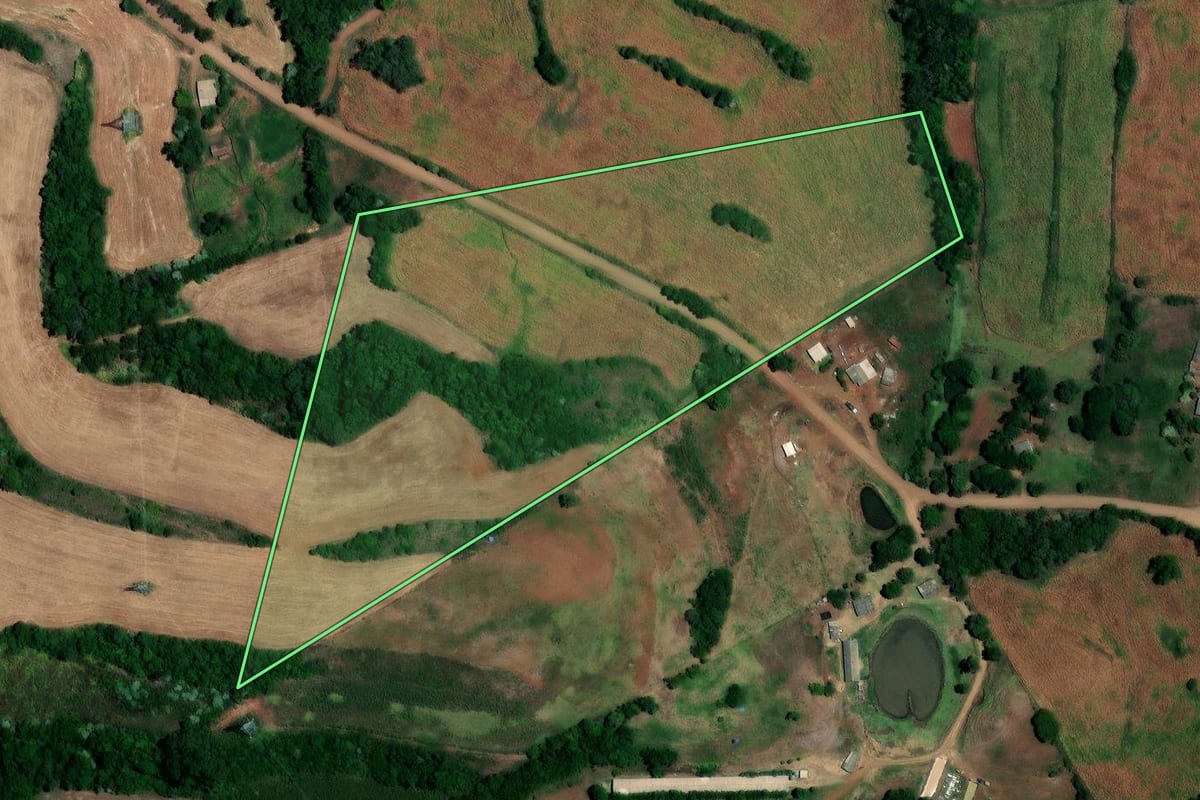 Imagem de satélite do imóvel rural em Novo Tiradentes (RS), com o contorno declarado no CAR desenhado por cima.