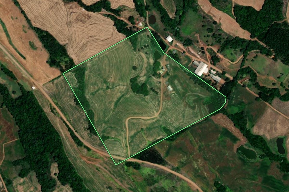 Imagem de satélite do imóvel rural em Novo Tiradentes (RS), com o contorno declarado no CAR desenhado por cima.