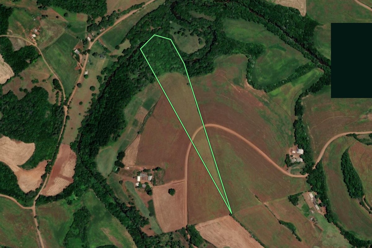 Imagem de satélite do imóvel rural em Novo Tiradentes (RS), com o contorno declarado no CAR desenhado por cima.