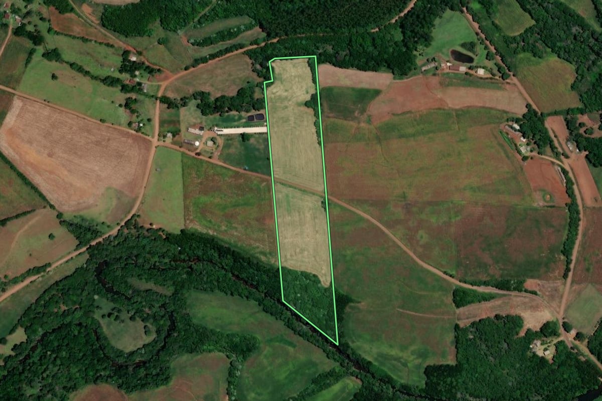 Imagem de satélite do imóvel rural em Novo Tiradentes (RS), com o contorno declarado no CAR desenhado por cima.