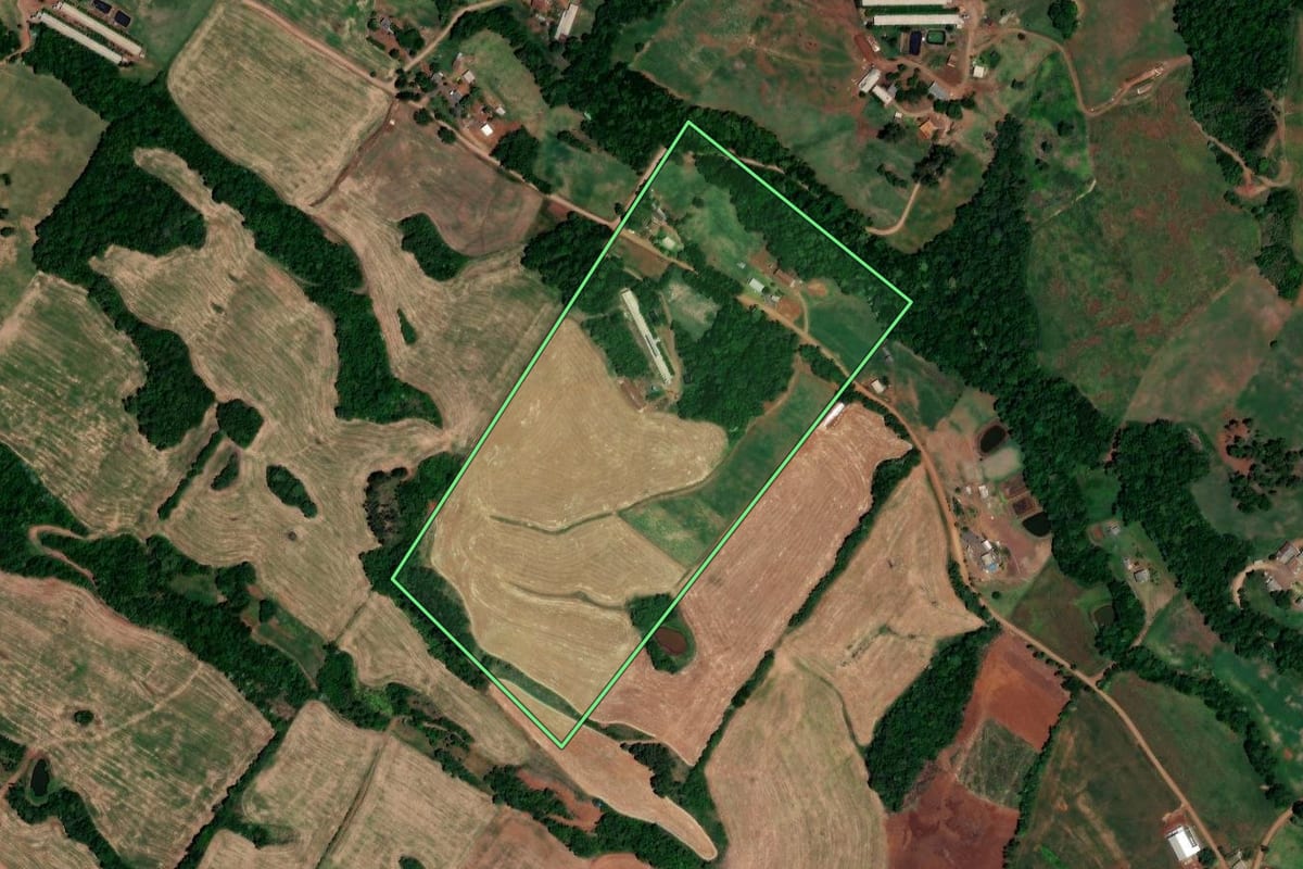 Imagem de satélite do imóvel rural em Novo Tiradentes (RS), com o contorno declarado no CAR desenhado por cima.