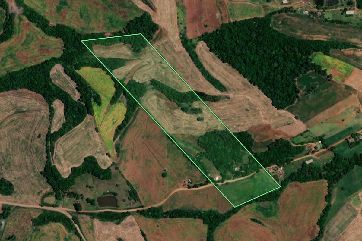 Imagem de satélite do imóvel rural em Novo Tiradentes (RS), com o contorno declarado no CAR desenhado por cima.