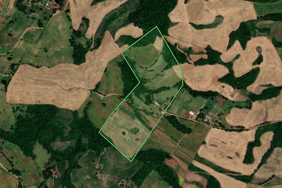 Imagem de satélite do imóvel rural em Novo Tiradentes (RS), com o contorno declarado no CAR desenhado por cima.