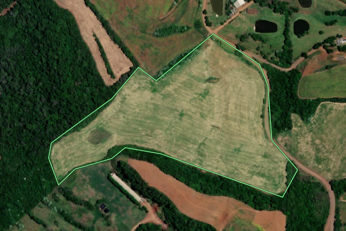 Imagem de satélite do imóvel rural em Novo Tiradentes (RS), com o contorno declarado no CAR desenhado por cima.