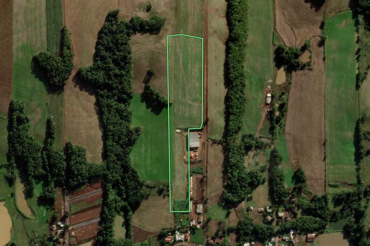 Imagem de satélite do imóvel rural em Novo Xingu (RS), com o contorno declarado no CAR desenhado por cima.