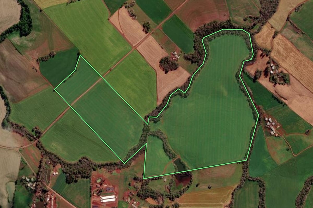 Imagem de satélite do imóvel rural em Novo Xingu (RS), com o contorno declarado no CAR desenhado por cima.