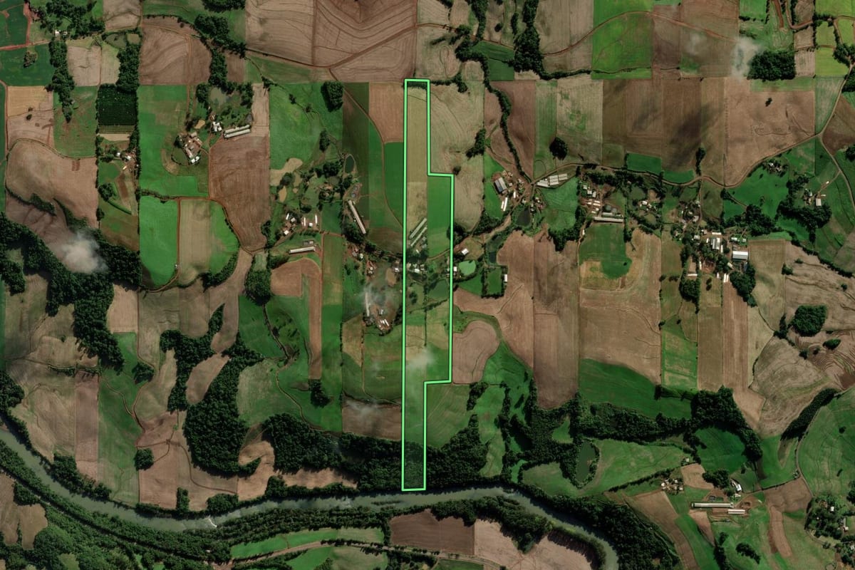 Imagem de satélite do imóvel rural em Novo Xingu (RS), com o contorno declarado no CAR desenhado por cima.