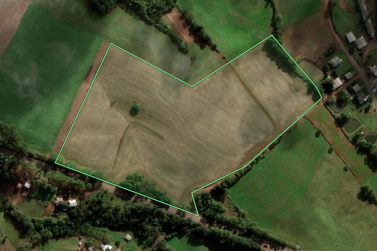 Imagem de satélite do imóvel rural em Novo Barreiro (RS), com o contorno declarado no CAR desenhado por cima.