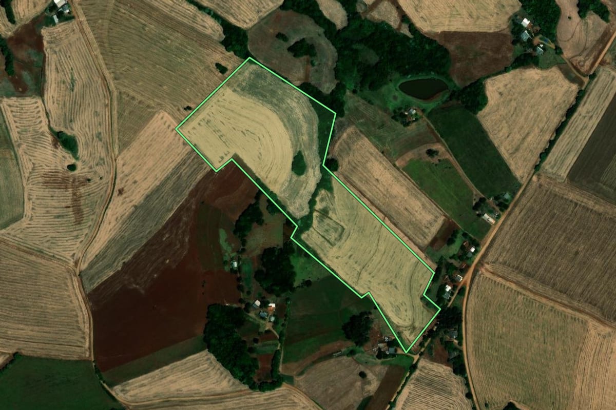 Imagem de satélite do imóvel rural em Novo Barreiro (RS), com o contorno declarado no CAR desenhado por cima.