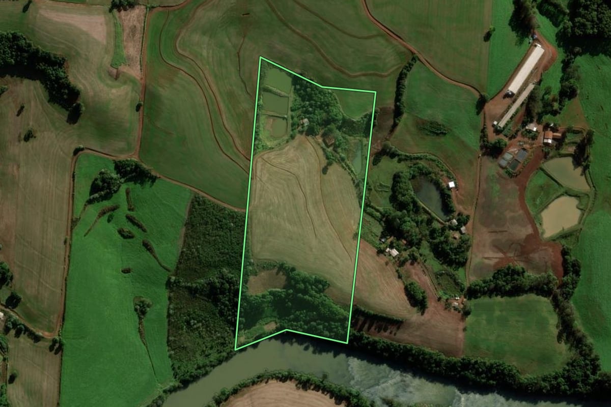 Imagem de satélite do imóvel rural em Novo Barreiro (RS), com o contorno declarado no CAR desenhado por cima.