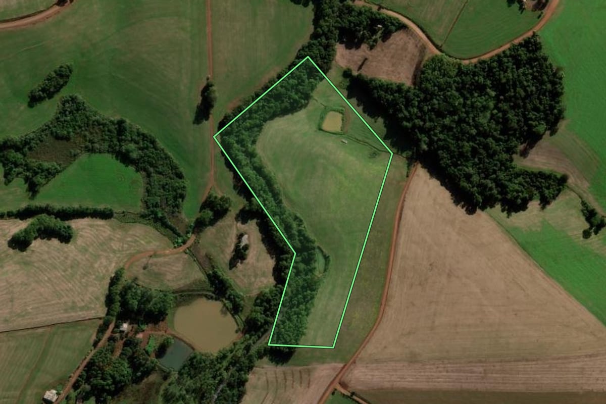 Imagem de satélite do imóvel rural em Novo Barreiro (RS), com o contorno declarado no CAR desenhado por cima.