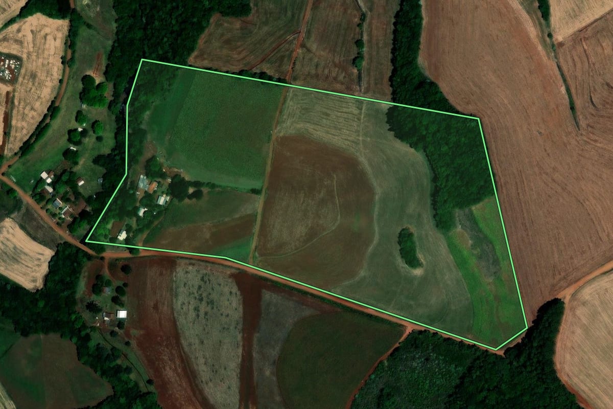 Imagem de satélite do imóvel rural em Novo Barreiro (RS), com o contorno declarado no CAR desenhado por cima.