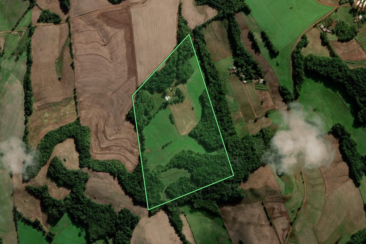 Imagem de satélite do imóvel rural em Novo Barreiro (RS), com o contorno declarado no CAR desenhado por cima.
