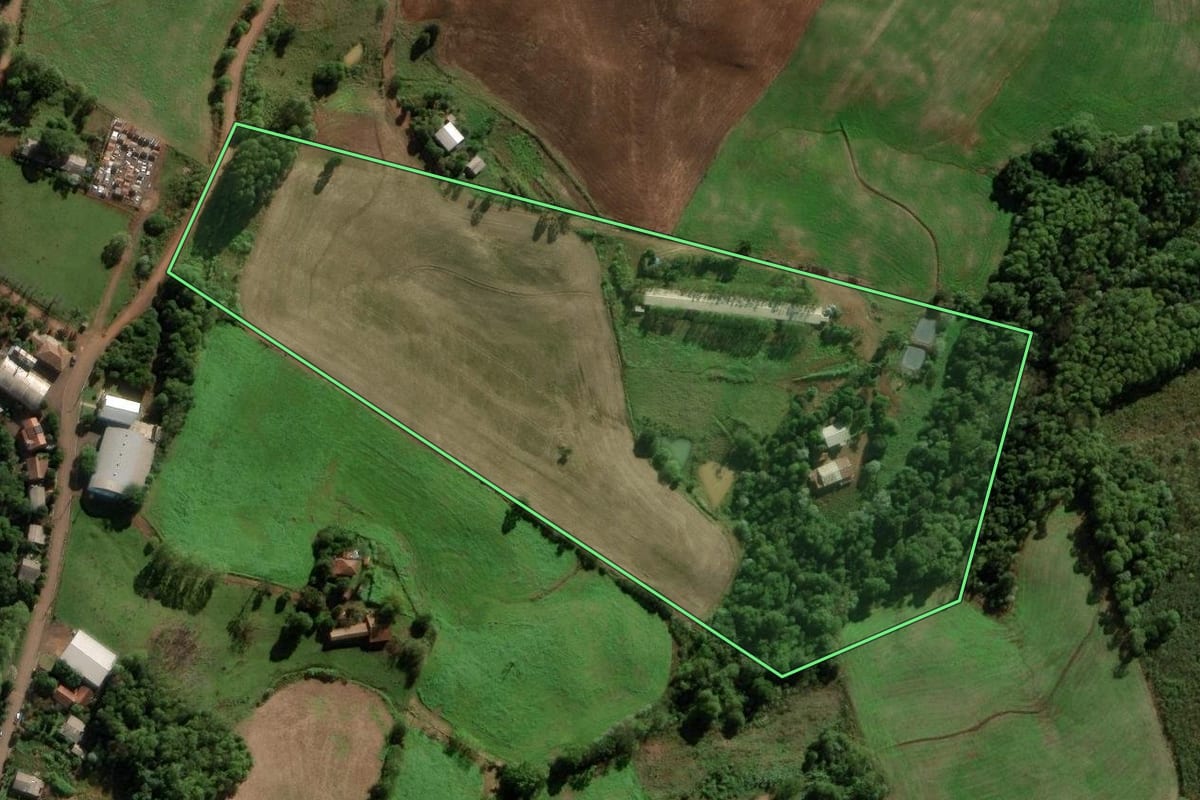Imagem de satélite do imóvel rural em Novo Barreiro (RS), com o contorno declarado no CAR desenhado por cima.