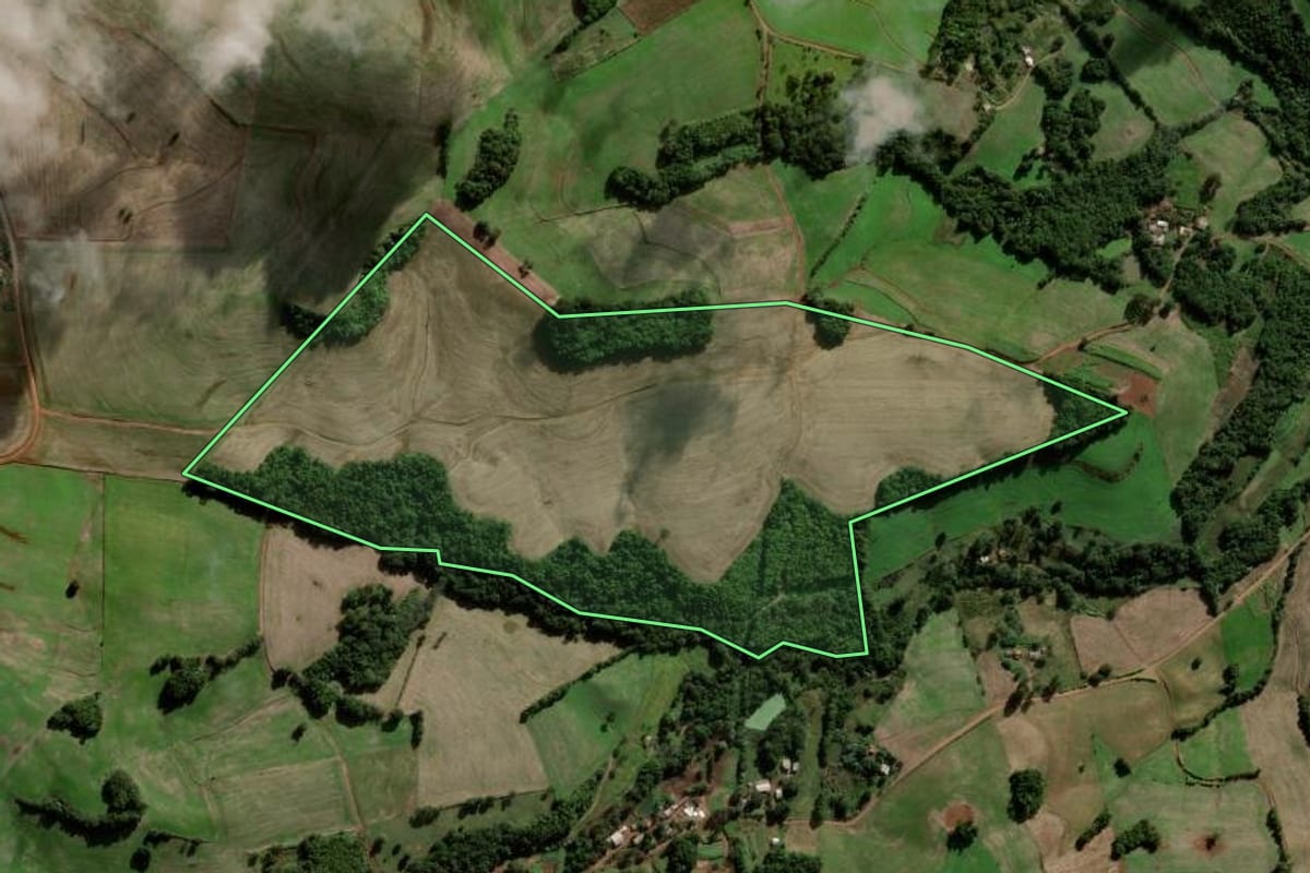 Imagem de satélite do imóvel rural em Novo Barreiro (RS), com o contorno declarado no CAR desenhado por cima.