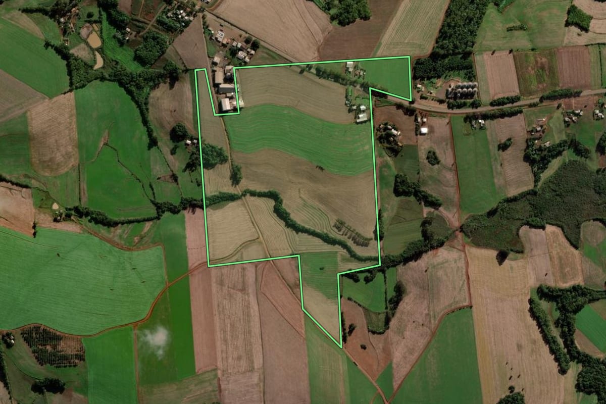 Imagem de satélite do imóvel rural em Novo Barreiro (RS), com o contorno declarado no CAR desenhado por cima.