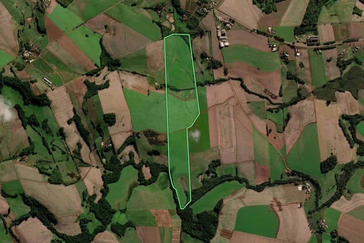 Imagem de satélite do imóvel rural em Novo Barreiro (RS), com o contorno declarado no CAR desenhado por cima.