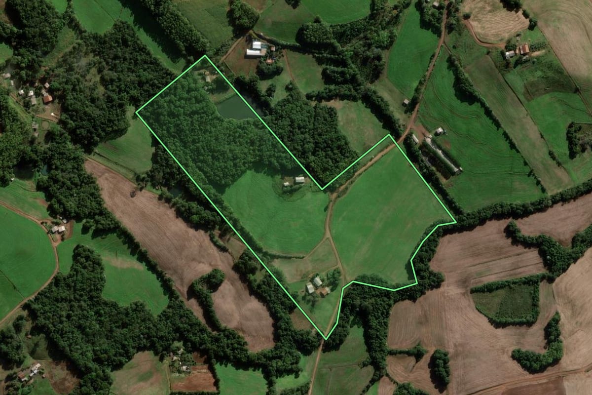 Imagem de satélite do imóvel rural em Novo Barreiro (RS), com o contorno declarado no CAR desenhado por cima.