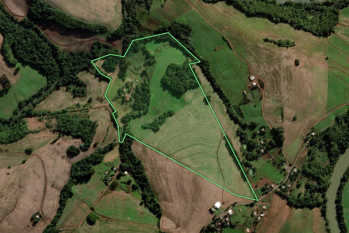 Imagem de satélite do imóvel rural em Novo Barreiro (RS), com o contorno declarado no CAR desenhado por cima.