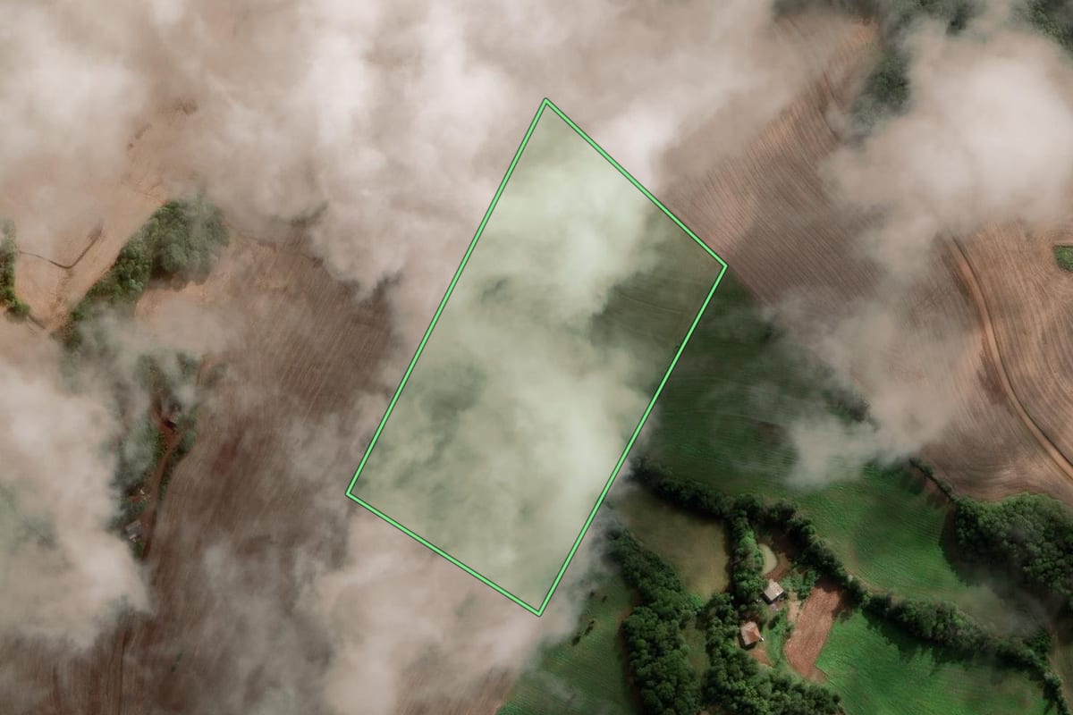 Imagem de satélite do imóvel rural em Novo Barreiro (RS), com o contorno declarado no CAR desenhado por cima.