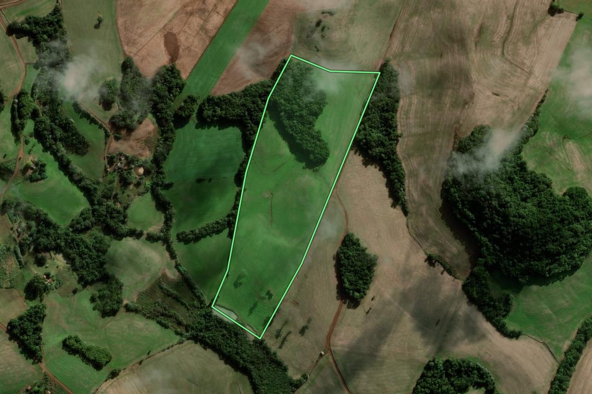 Imagem de satélite do imóvel rural em Novo Barreiro (RS), com o contorno declarado no CAR desenhado por cima.