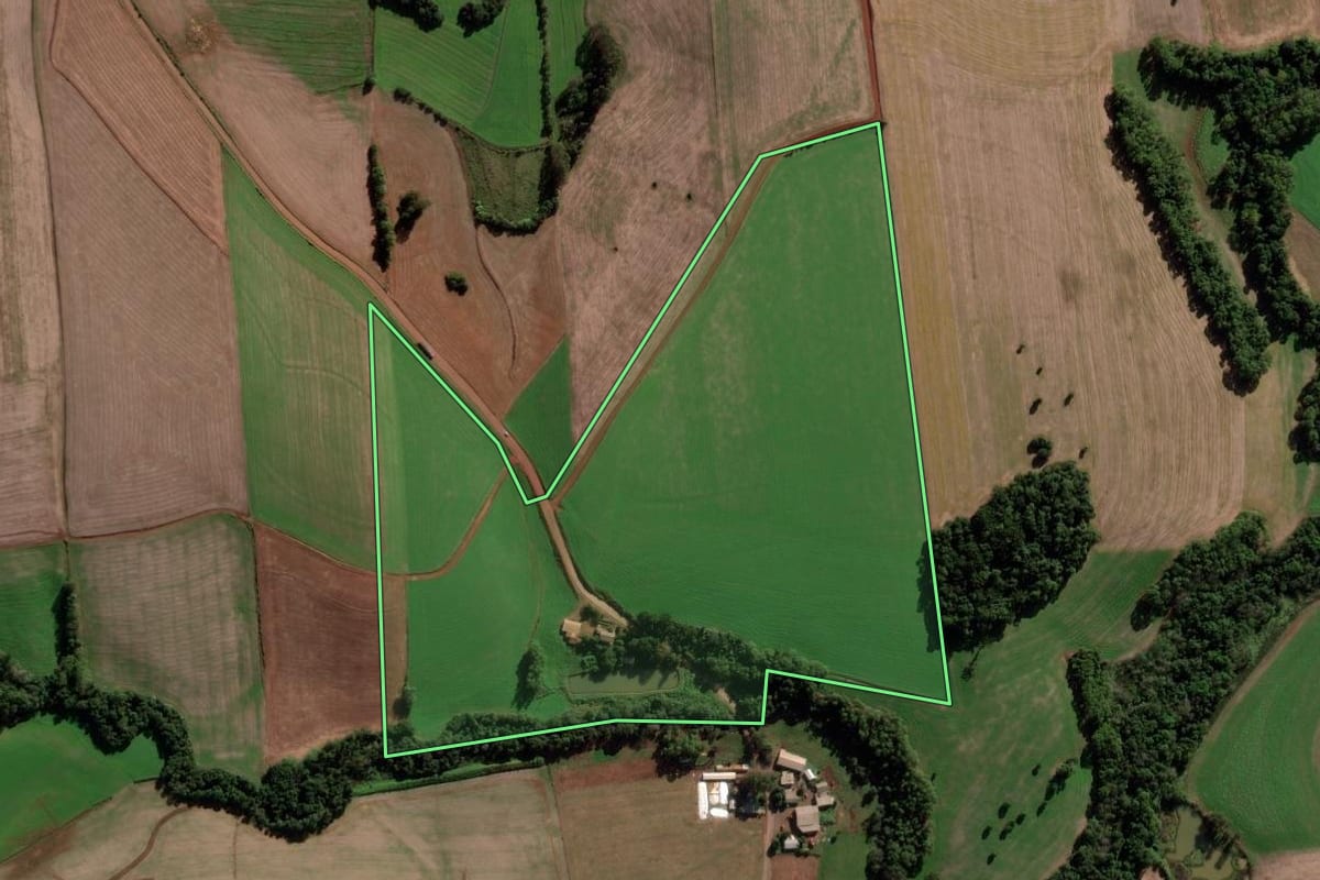 Imagem de satélite do imóvel rural em Novo Barreiro (RS), com o contorno declarado no CAR desenhado por cima.