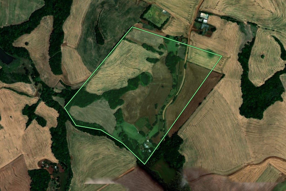 Imagem de satélite do imóvel rural em Novo Barreiro (RS), com o contorno declarado no CAR desenhado por cima.