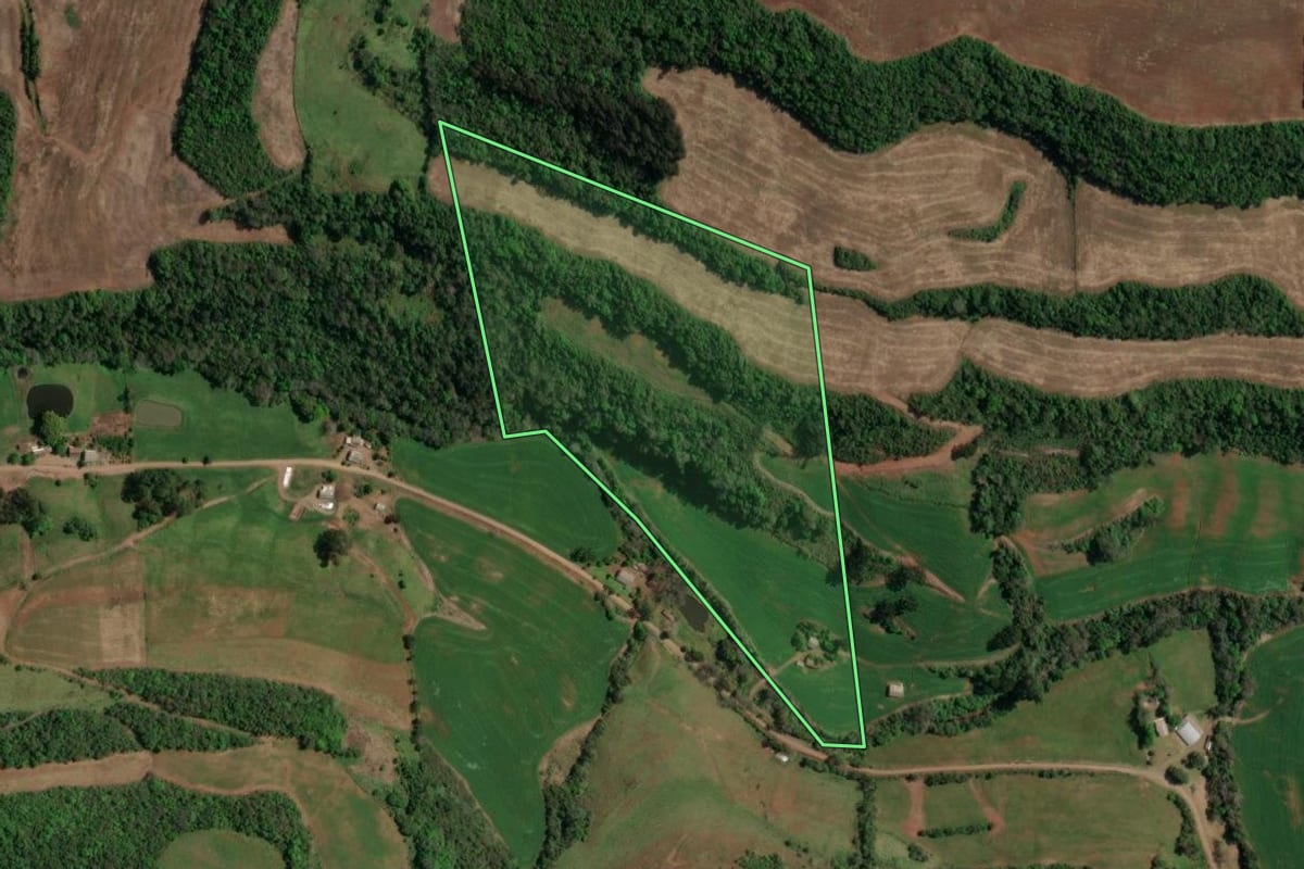 Imagem de satélite do imóvel rural em Paim Filho (RS), com o contorno declarado no CAR desenhado por cima.