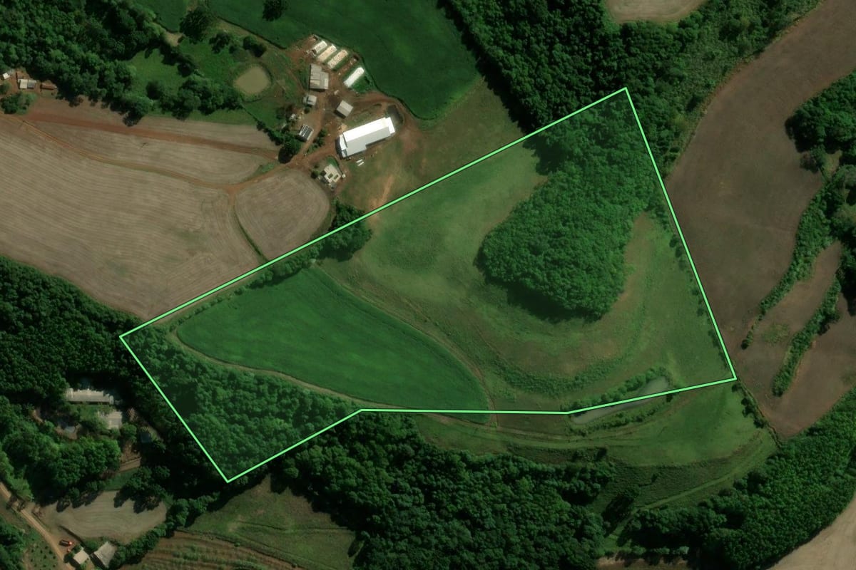 Imagem de satélite do imóvel rural em Paim Filho (RS), com o contorno declarado no CAR desenhado por cima.